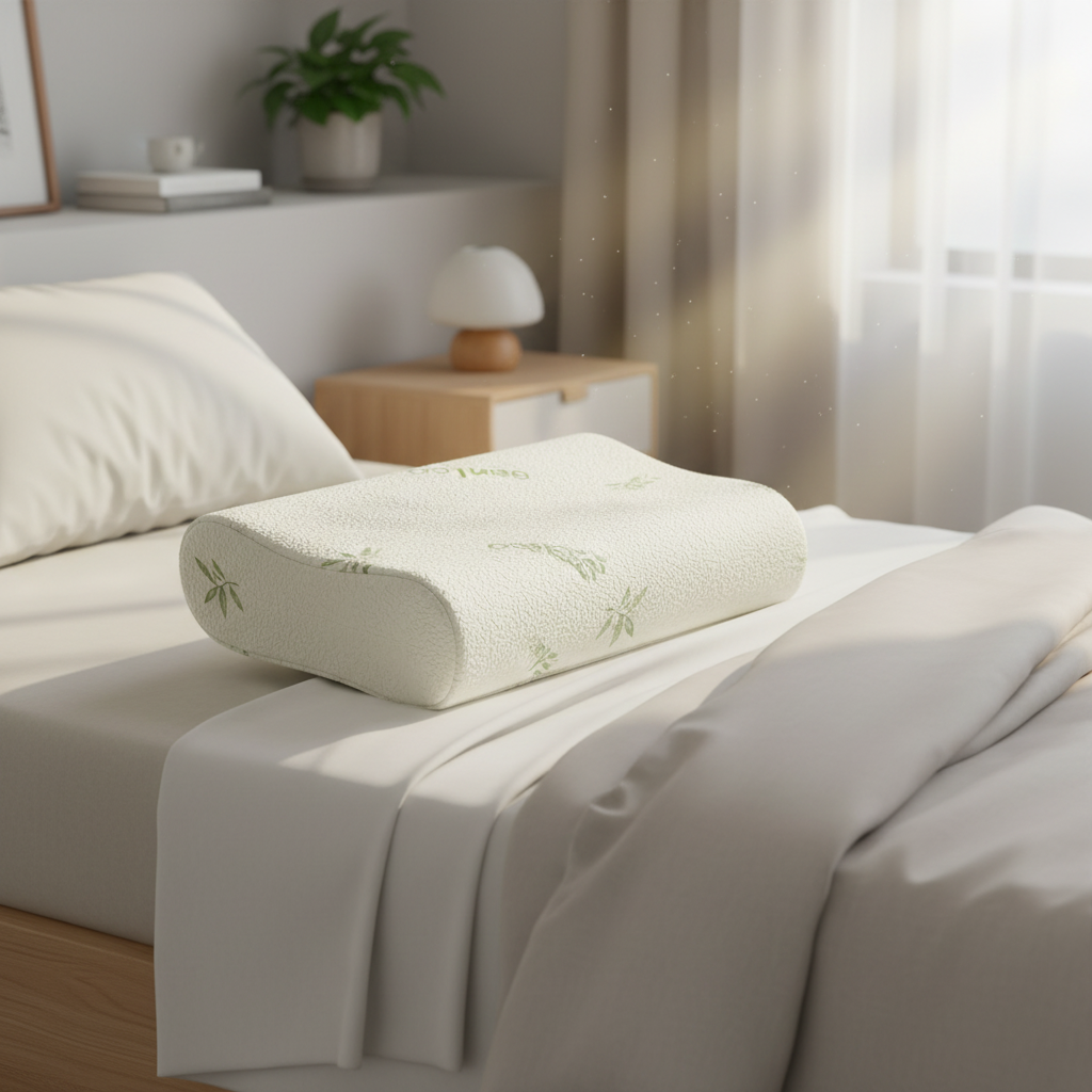 Deep Sleep Neck Support Pillow on bed with cozy bedding in serene bedroom setting